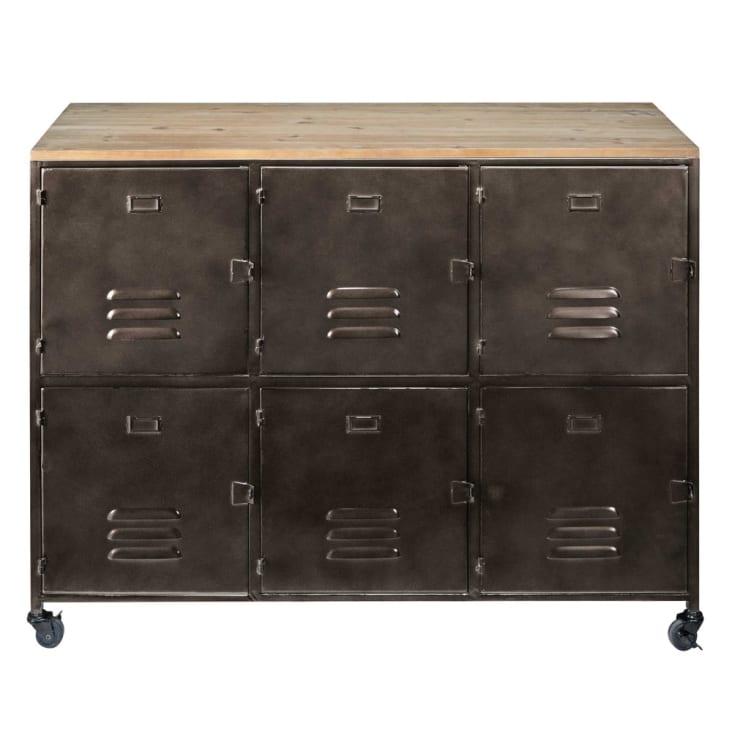 Maisons du Monde Wayne - Aparador negro de ruedas con 6 puertas de metal y abeto
