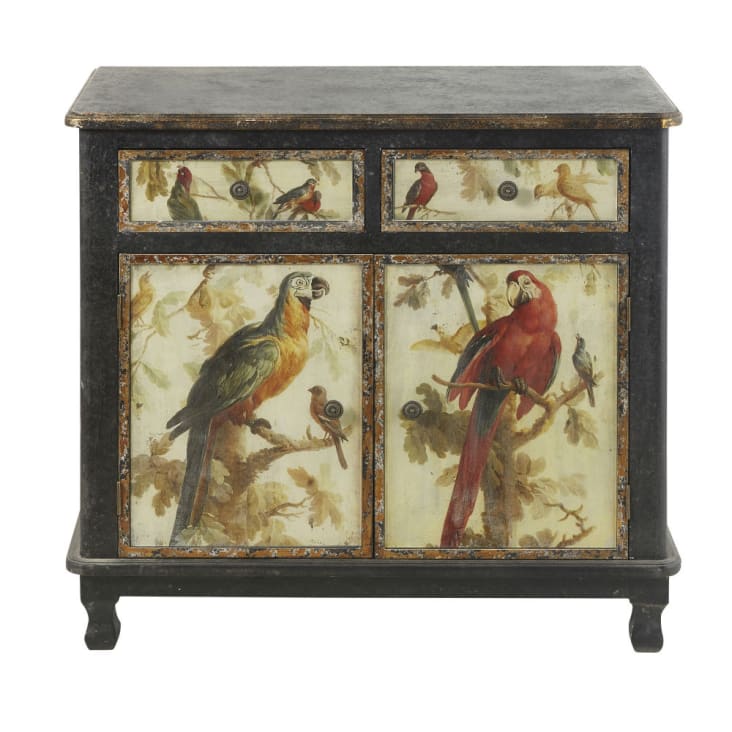 Maisons du Monde Perroquet - Aparador con 2 puertas y 2 cajones negro con estampado de loros