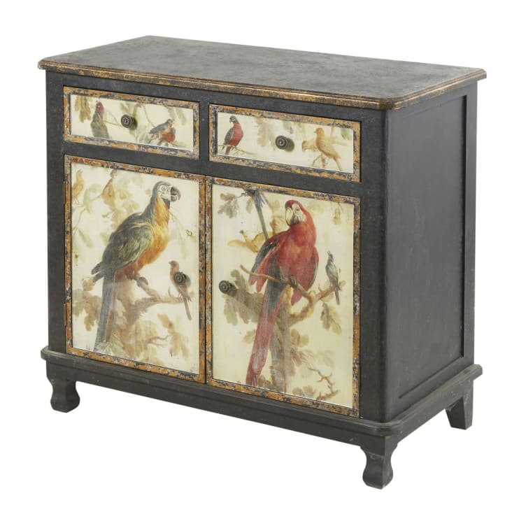 Maisons du Monde Perroquet - Aparador con 2 puertas y 2 cajones negro con estampado de loros Rebajas de fin de temporada