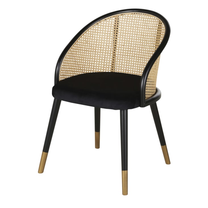 Maisons du Monde Sockette - Silla con reposabrazos de terciopelo negro y rejilla de mimbre