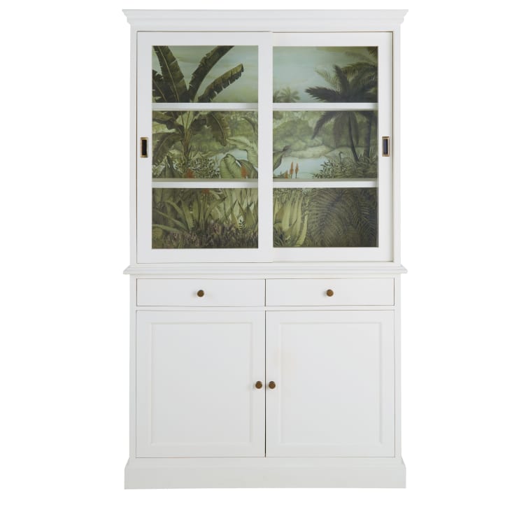 Maisons du Monde Printy - Vitrina de madera blanca con 3 puertas y 3 cajones de estampado vegetal