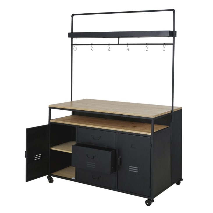 Maisons du Monde Evrard - Bar con ruedas 2 puertas y 3 cajones de metal negro/pino macizo Grandes ahorros