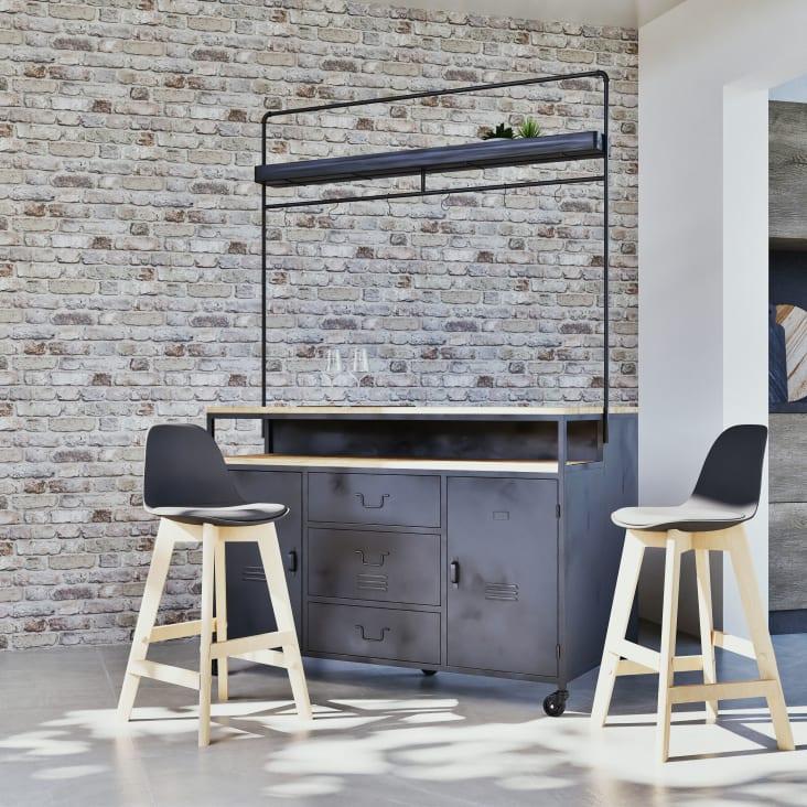 Maisons du Monde Evrard - Bar con ruedas 2 puertas y 3 cajones de metal negro/pino macizo Grandes ahorros