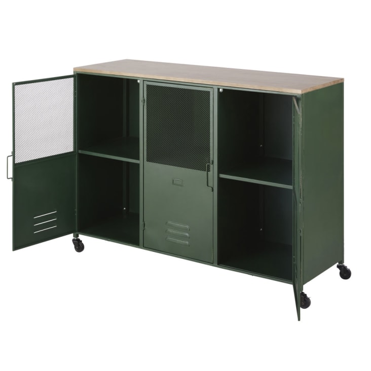 Maisons du Monde Chilham - Aparador industrial de abeto y metal verde con ruedas y 3 puertas Solo queda un día