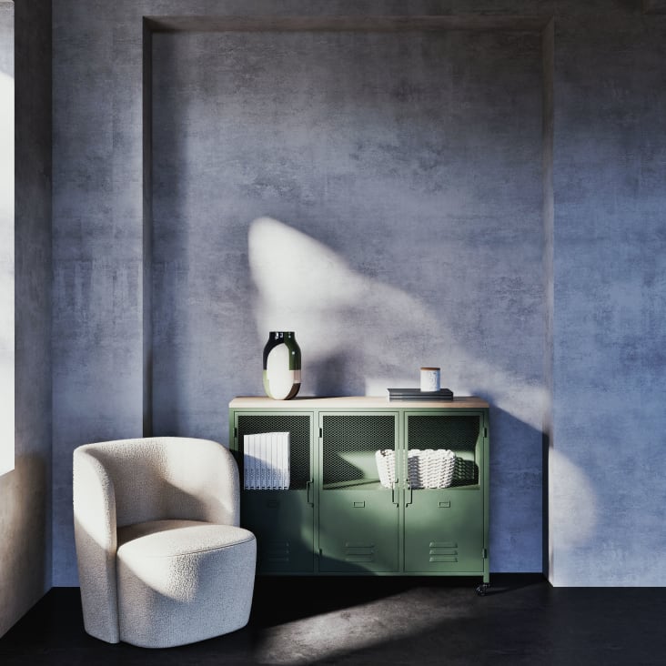 Maisons du Monde Chilham - Aparador industrial de abeto y metal verde con ruedas y 3 puertas Solo queda un día