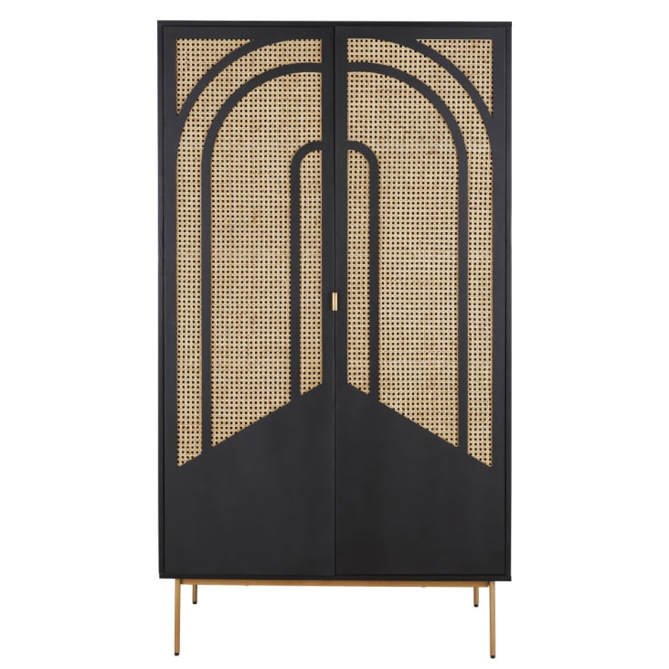 Maisons du Monde Loreto - Armario negro con 2 puertas batientes rejilla de ratán y metal dorado