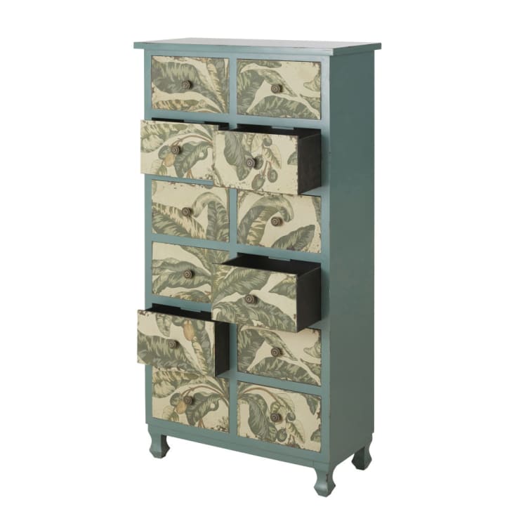 Maisons du Monde Palmiya - Mueble semanario con 12 cajones color verde con estampado de hojas de plátano Promoción trimestral