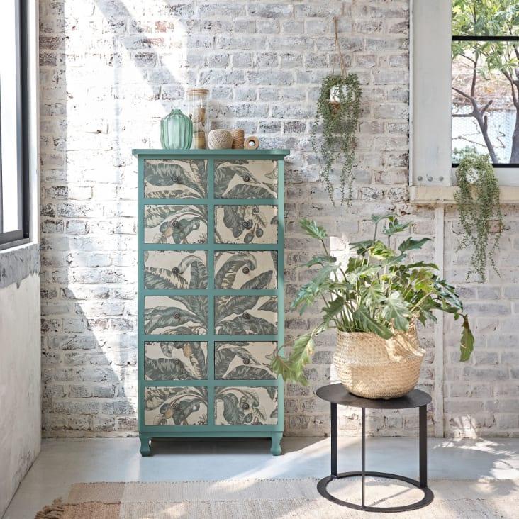 Maisons du Monde Palmiya - Mueble semanario con 12 cajones color verde con estampado de hojas de plátano Promoción trimestral