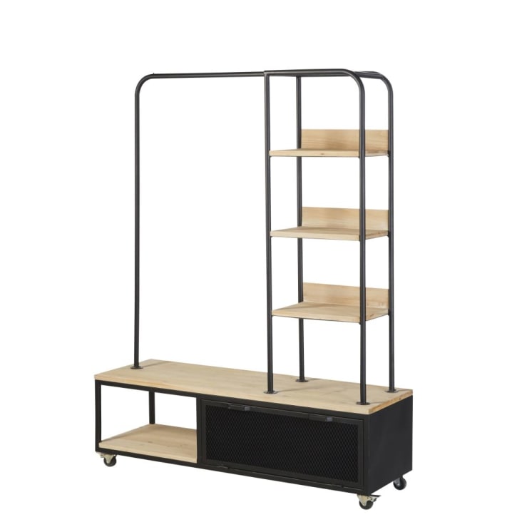 Maisons du Monde Rebel - Perchero con ruedas de abeto y metal negro Outlet