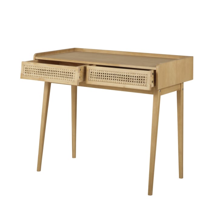Maisons du Monde Suzelle - Escritorio vintage de 2 cajones de pino y rejilla de ratán Rebajas baratas