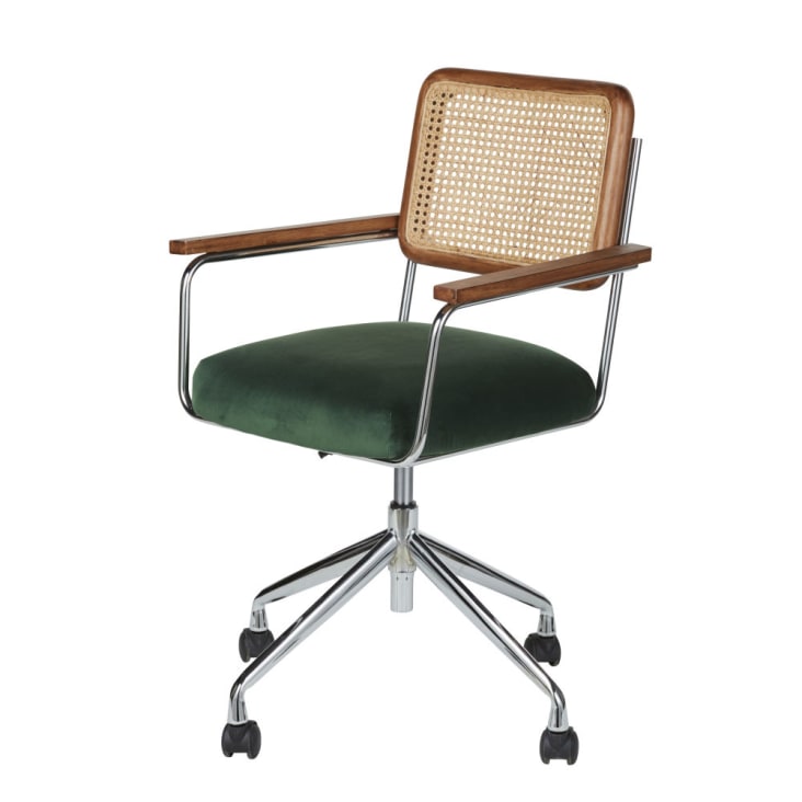 Maisons du Monde Rosalie - Silla escritorio ajustable en altura de terciopelo verde y rejilla de ratán con ruedas
