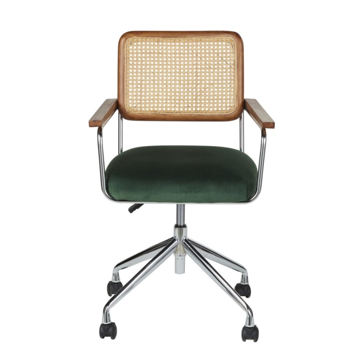 Maisons du Monde Rosalie - Silla escritorio ajustable en altura de terciopelo verde y rejilla de ratán con ruedas En oferta