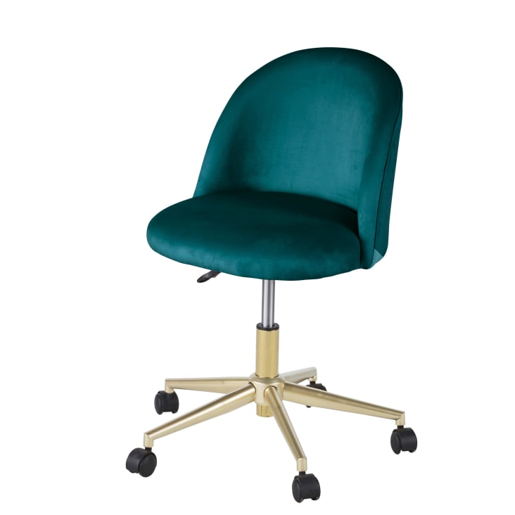 Maisons du Monde Silla de oficina con ruedas de terciopelo azul petróleo y acero color latón