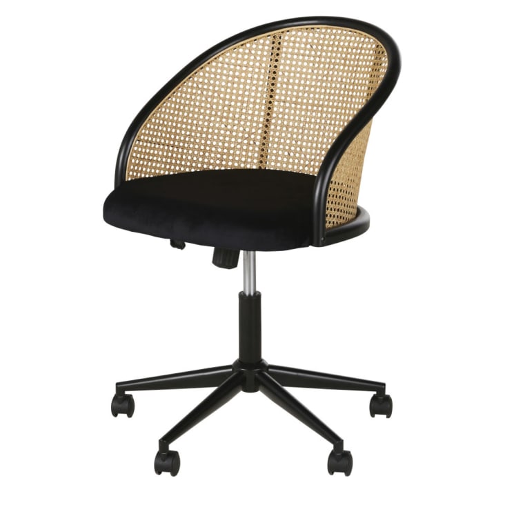Maisons du Monde Sockette - Silla de oficina con ruedas de terciopelo negro y rejilla de mimbre
