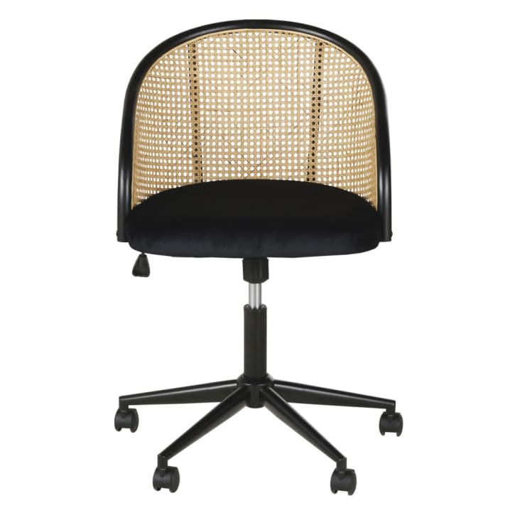 Maisons du Monde Sockette - Silla de oficina con ruedas de terciopelo negro y rejilla de mimbre 2025