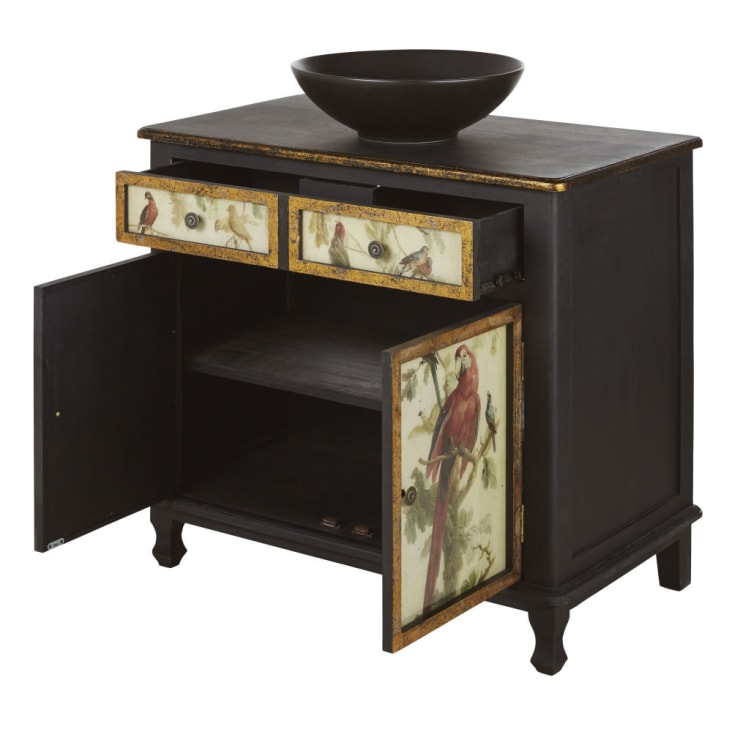 Maisons du Monde Perroquet - Mueble de baño con 1 cajón y dos puertas de madera de abeto en negro y motivos de loros Solo queda un día