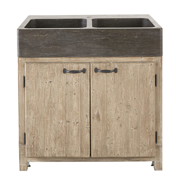 Maisons du Monde Greta - Mueble bajo de cocina con 2 fregaderos de piedra y 2 puertas de pino reciclado grisáceo Libre de impuestos