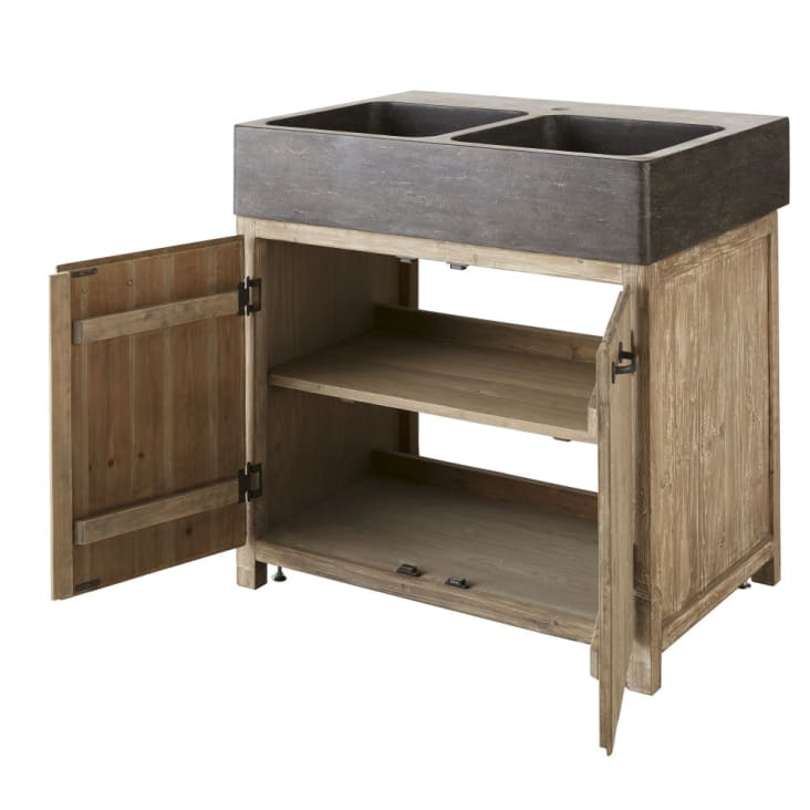 Maisons du Monde Greta - Mueble bajo de cocina con 2 fregaderos de piedra y 2 puertas de pino reciclado grisáceo Libre de impuestos
