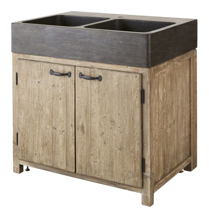 Maisons du Monde Greta - Mueble bajo de cocina con 2 fregaderos de piedra y 2 puertas de pino reciclado grisáceo Libre de impuestos
