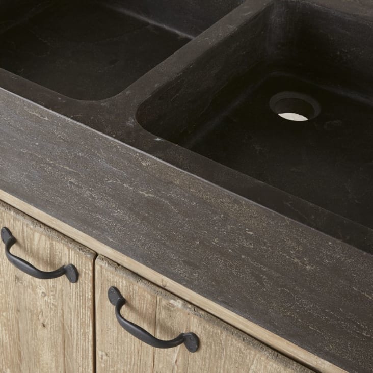 Maisons du Monde Greta - Mueble bajo de cocina con 2 fregaderos de piedra y 2 puertas de pino reciclado grisáceo Libre de impuestos