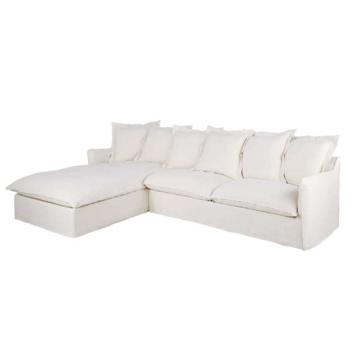 Maisons du Monde Barcelone - Sofá esquinero izquierdo convertible de 4/5 plazas efecto lino arrugado blanco colchón de 6 cm Tienda