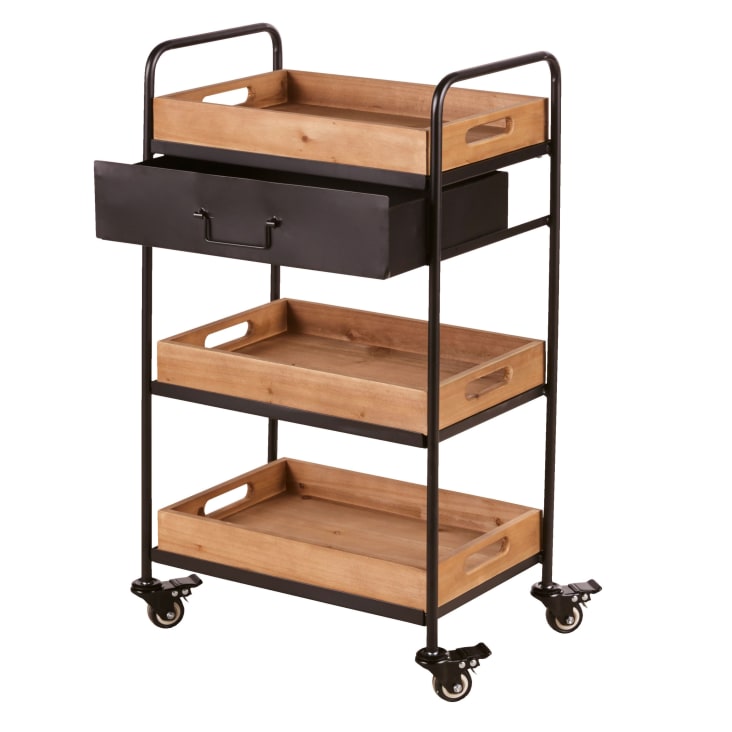 Maisons du Monde GEORGE - Carro de metal negro de 1 cajón con 3 estantes de abeto sobre ruedas ÚLTIMAS EDICIONES
