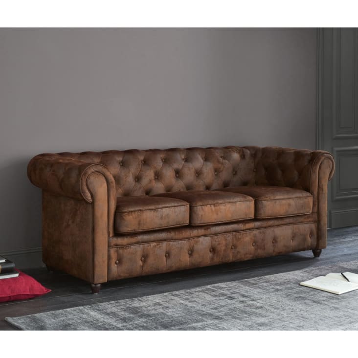 Maisons du Monde Chesterfield - Sofá capitoné de 3 plazas de antelina marrón Solo queda un día