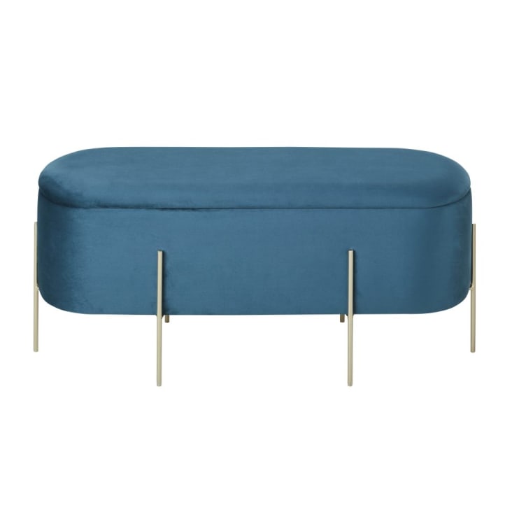 Maisons du Monde ALLISTER - Banqueta con baúl de terciopelo azul verdoso y metal dorado