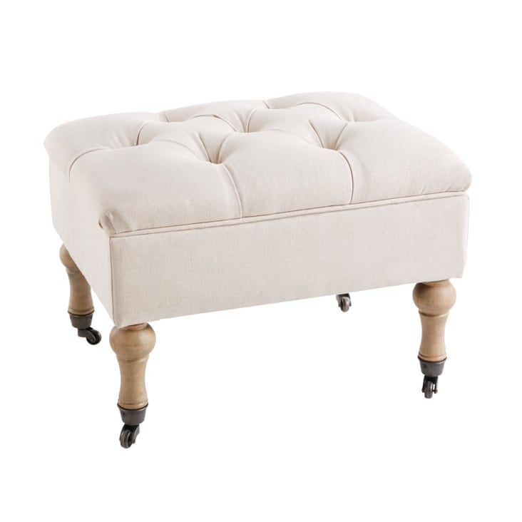 Maisons du Monde Aristide - Puf-baúl capitoné con ruedas de lino y algodón color crudo Rebajas de fin de temporada