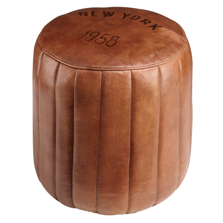 Maisons du Monde ASHER - Puf redondo de cuero marrón