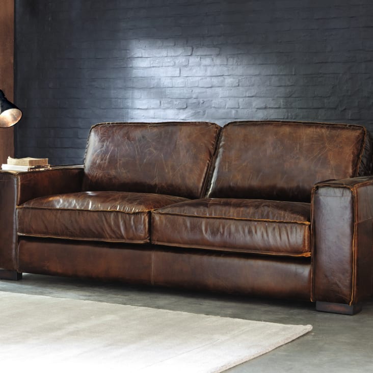 Maisons du Monde Colonel - Sofá vintage de 3 plazas de cuero marrón Últimos 2 días