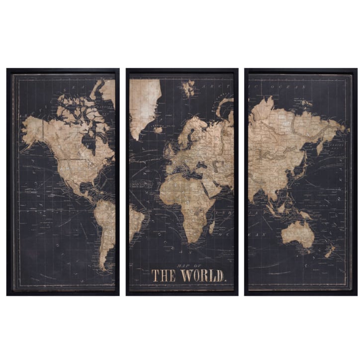 Maisons du Monde Explore - Cuadro tríptico mapa del mundo negro 180x120 Venta caliente
