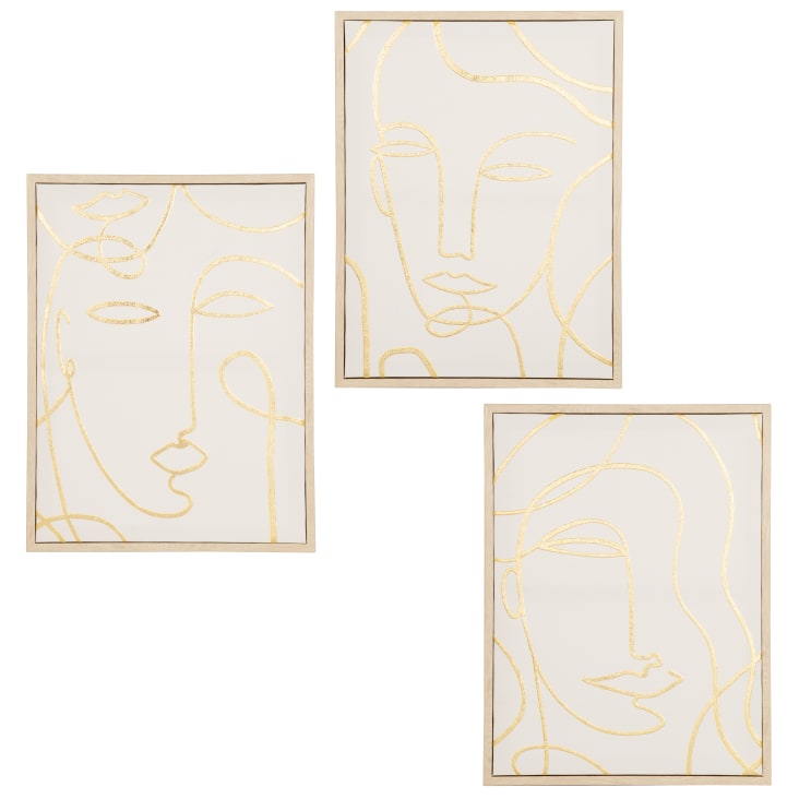 Maisons du Monde SIMONE - Tríptico de rostros abstractos en crudo y dorado 96 x 43 cm