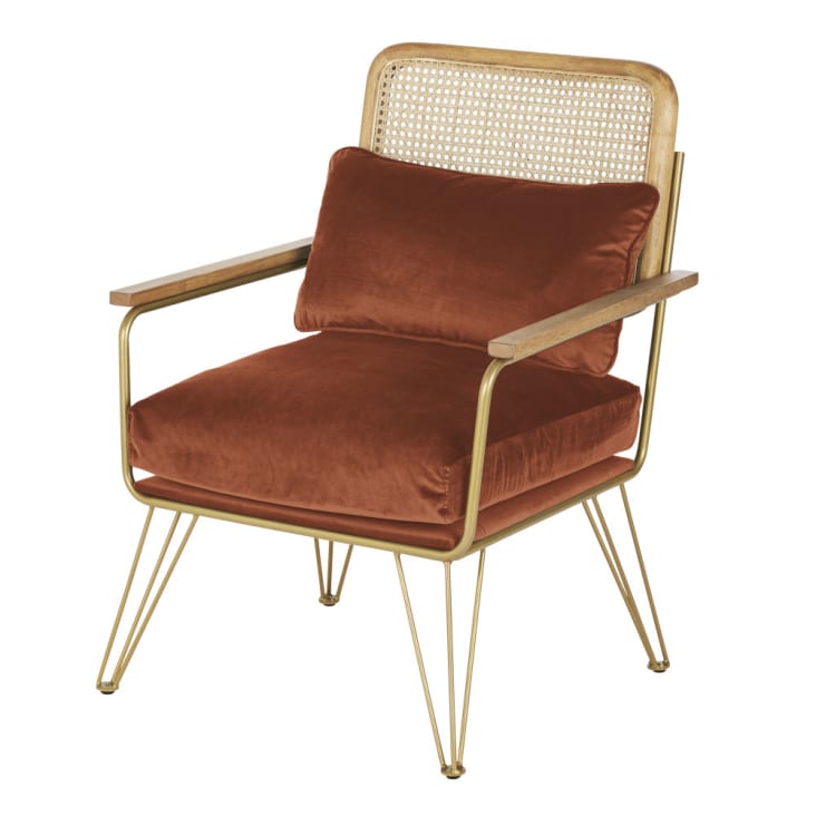 Maisons du Monde Rosalie - Sillón de terciopelo naranja ardilla con rejilla de ratán Rebajas online