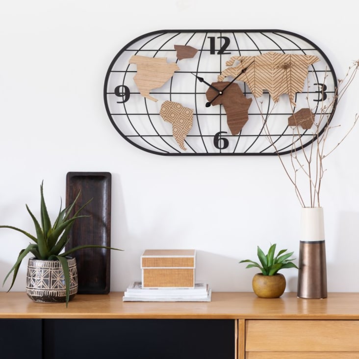 Maisons du Monde DURBAN - Reloj mapamundi de metal negro y marrón 81x44 Ahorra y exporta