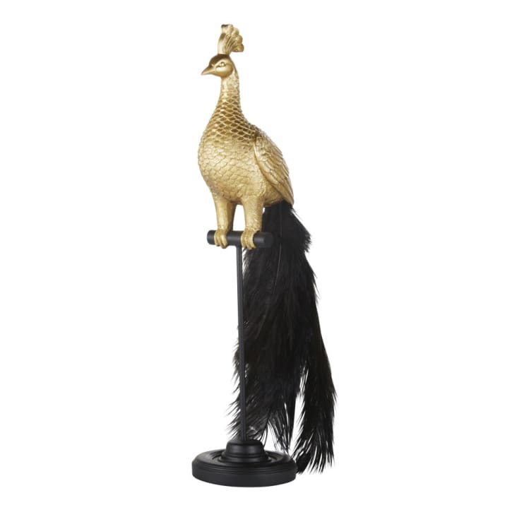 Maisons du Monde Figura de pavo real dorado sobre base negra con plumas negras Alt.55